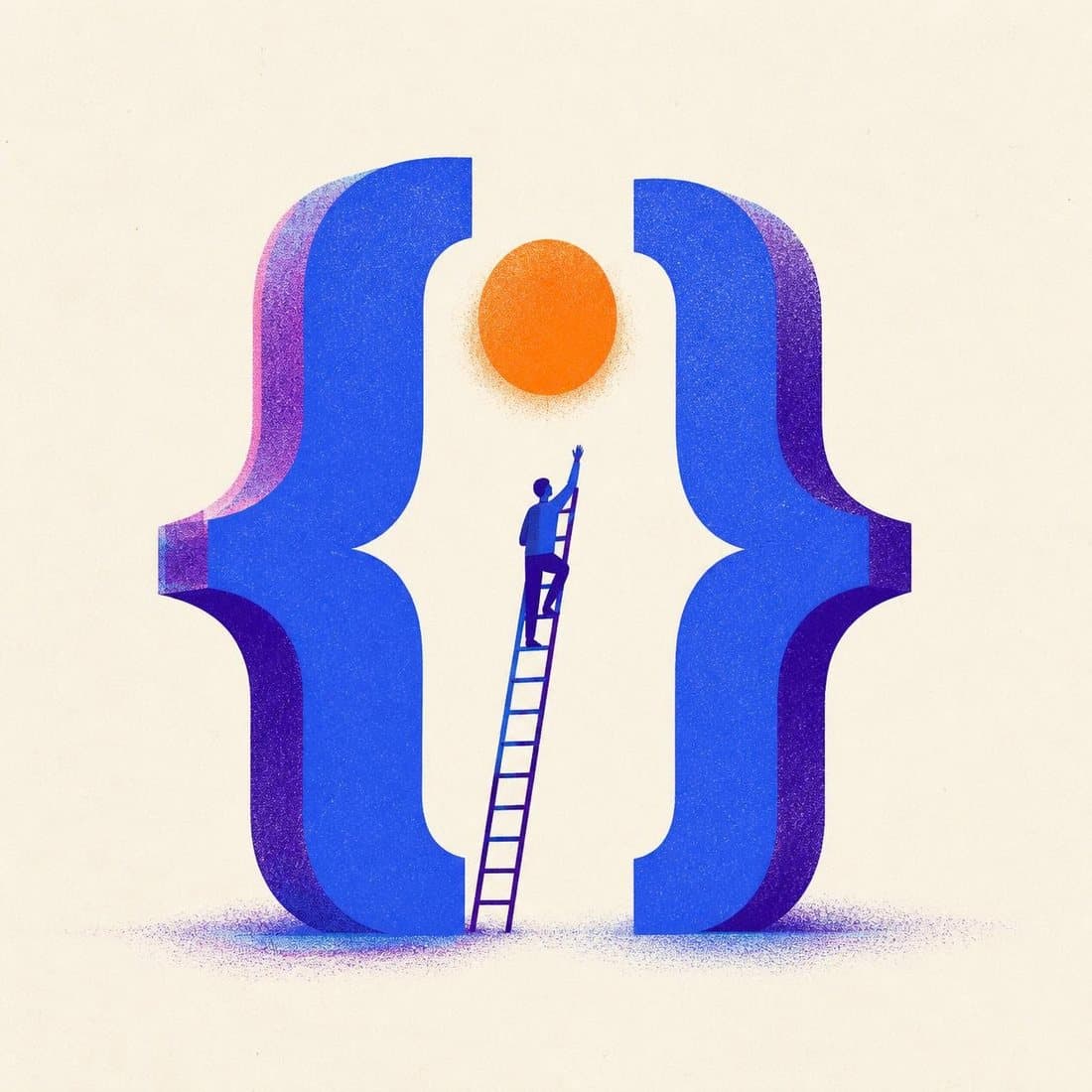 Curly braces with a small figure climbing a ladder between them