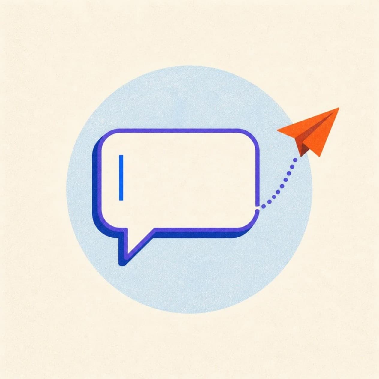An empty chat bubble with a cursor and an orange paper airplane taking off